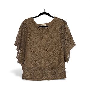 Brittany Black Lace Overlay Brown Tunic Top Scoop Neck Short Sleeves Size Medium